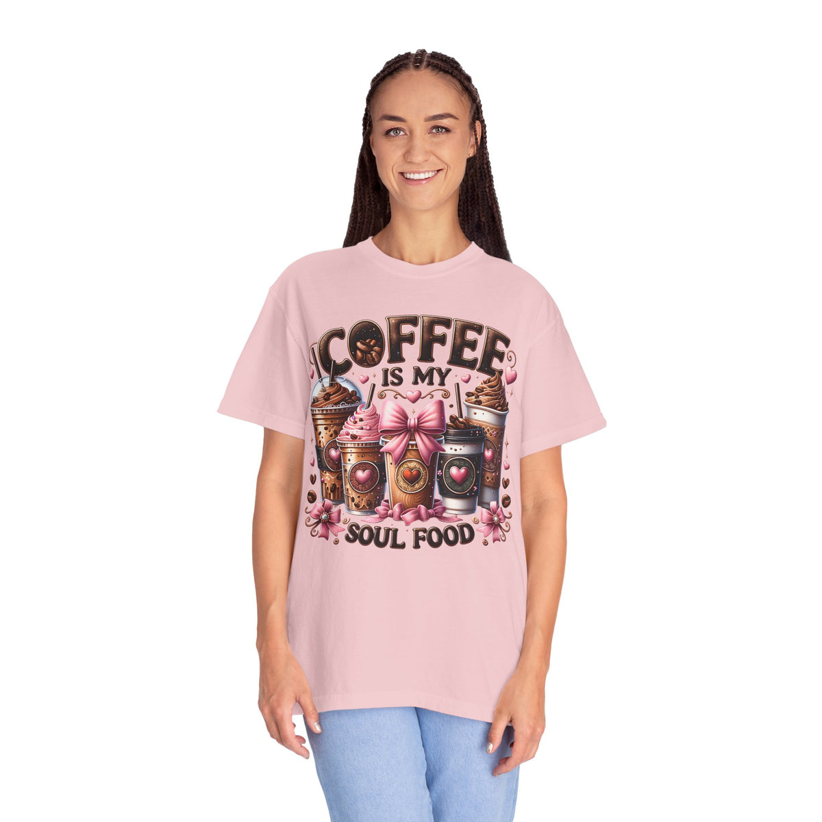 Coffee Is My Soul Food, Iced Coffee, Pink Bow - Comfort Colors | Trendy Women's T-Shirt. Direct to Garment. Printed & Shipped in the USA. Unisex Sizes.