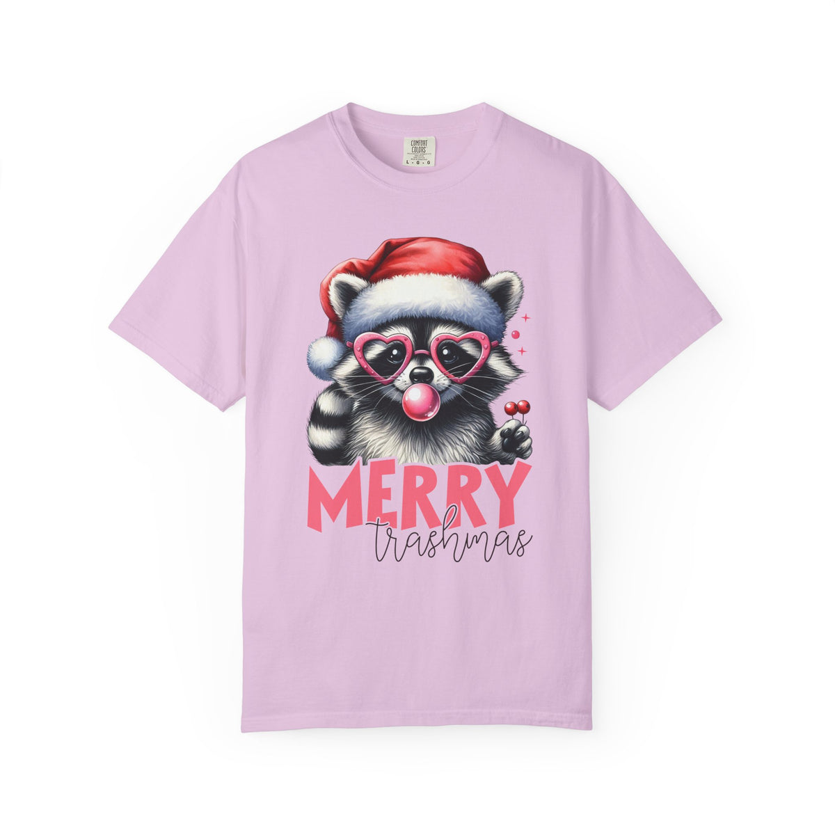 Merry Trashmas Bubblegum Raccoon w/Santa Hat Christmas - Comfort Colors | Trendy Women's T-Shirt. Direct to Garment. Printed & Shipped in the USA. Unisex Sizes.