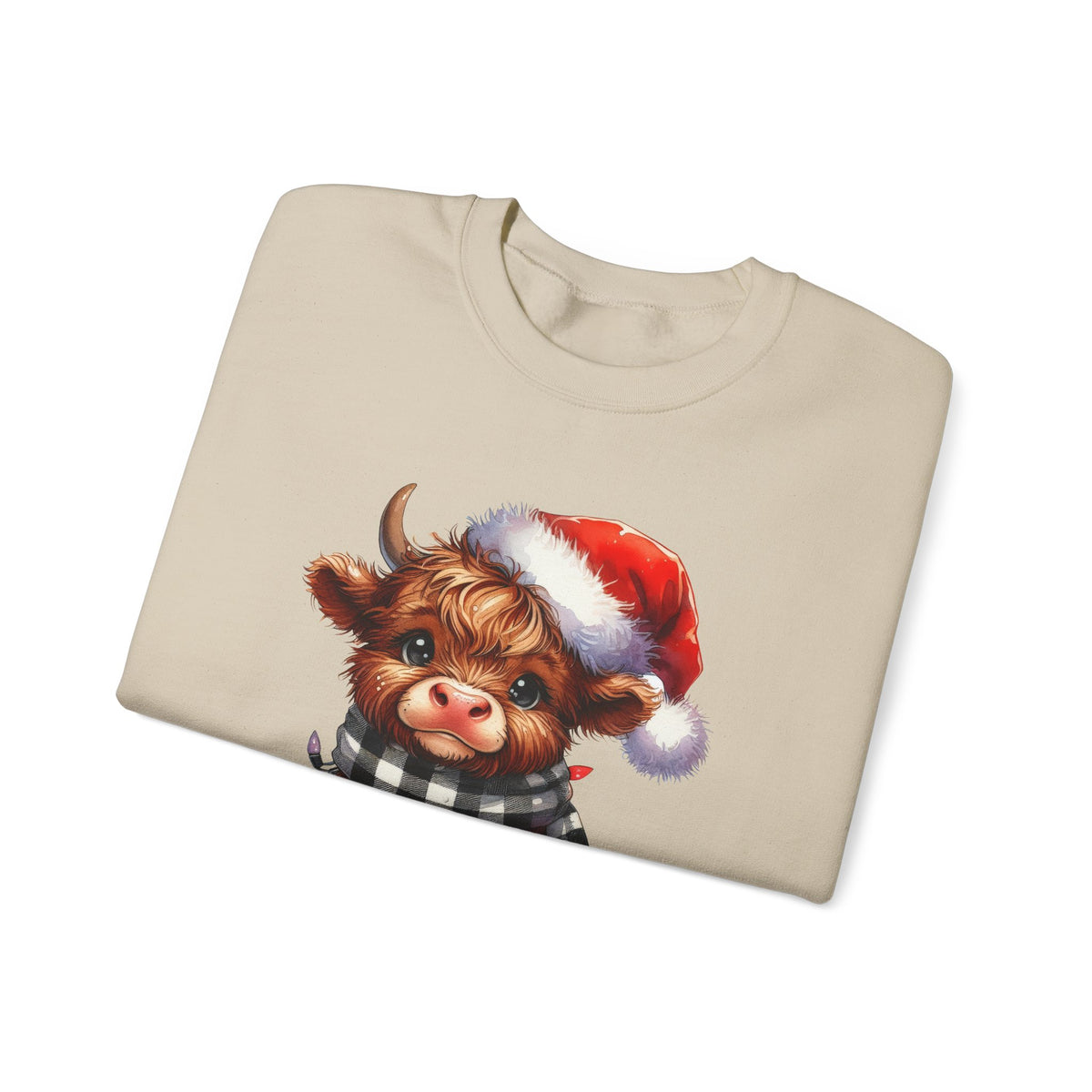 Cute Highland Cow Santa Hat Scarf Christmas Lights – Gildan Heavy Blend | Trendy Women’s Soft Sweatshirt. Direct to Garment. Printed & Shipped in the USA. Unisex Sizes.