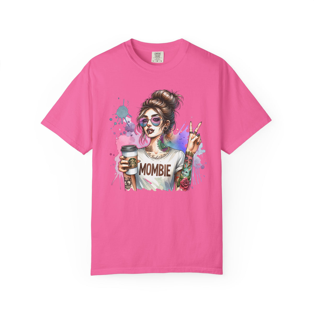 Cool Mombie with Coffee Peace Tattoo - Comfort Colors | Trendy Women's T-Shirt. Direct to Garment. Printed & Shipped in the USA. Unisex Sizes.