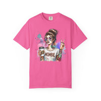 Cool Mombie with Coffee Peace Tattoo - Comfort Colors | Trendy Women's T-Shirt. Direct to Garment. Printed & Shipped in the USA. Unisex Sizes.