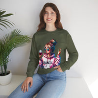 Dramatic Girl With Wine Messy Bun Peace Sign – Gildan Heavy Blend | Trendy Women’s Soft Sweatshirt. Direct to Garment. Printed & Shipped in the USA. Unisex Sizes.