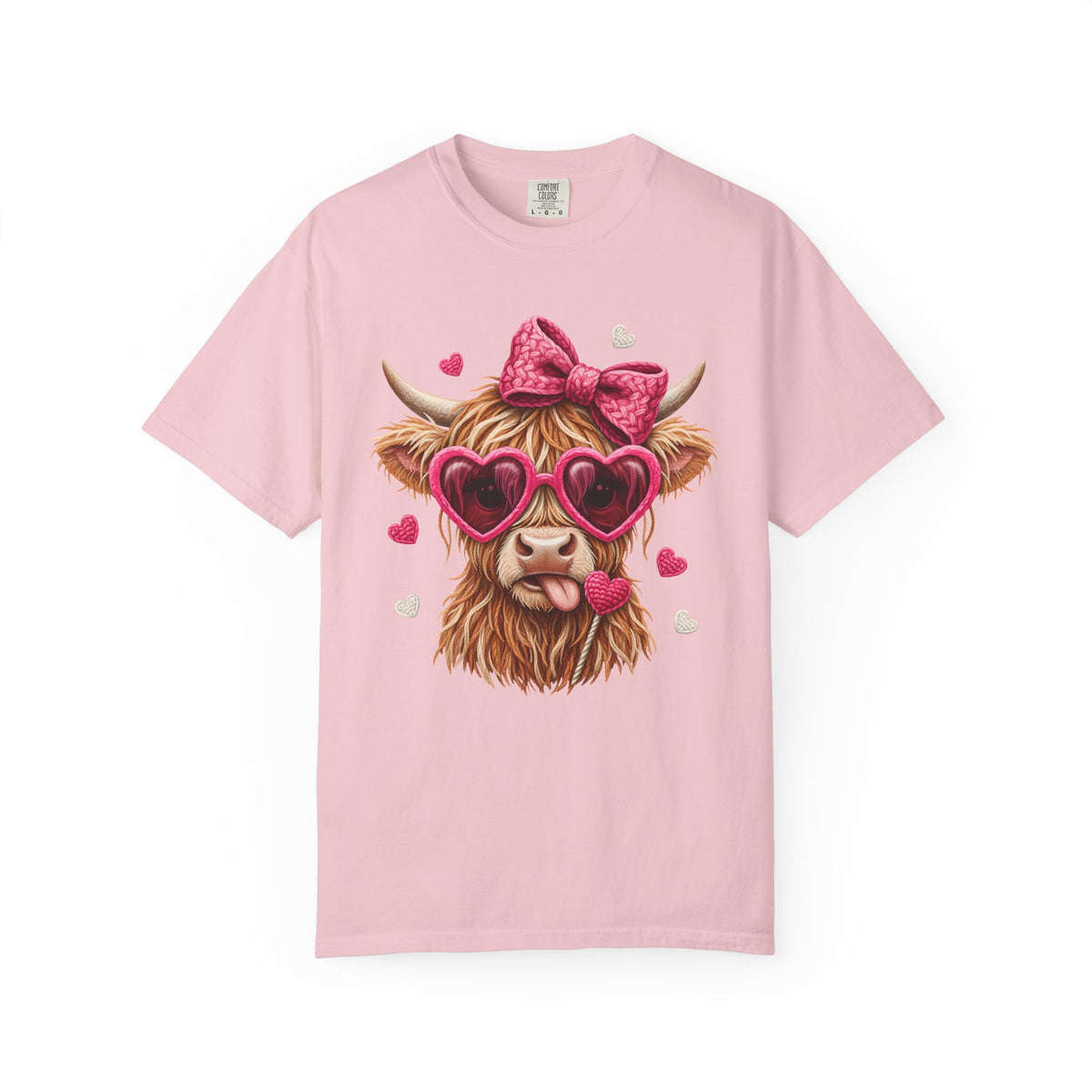 Highland Cow - Pink Heart Shaped Glasses - Comfort Colors | Trendy Women's T-Shirt. Direct to Garment. Printed & Shipped in the USA. Unisex Sizes.