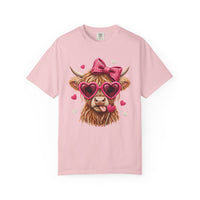 Highland Cow - Pink Heart Shaped Glasses - Comfort Colors | Trendy Women's T-Shirt. Direct to Garment. Printed & Shipped in the USA. Unisex Sizes.