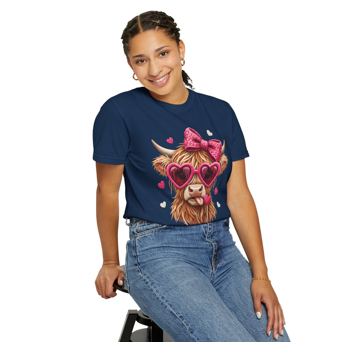 Highland Cow - Pink Heart Shaped Glasses - Comfort Colors | Trendy Women's T-Shirt. Direct to Garment. Printed & Shipped in the USA. Unisex Sizes.