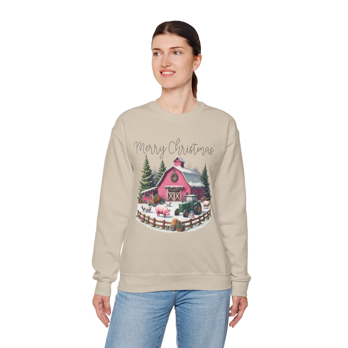 Merry Christmas Pink Barn Farm Animals – Gildan Heavy Blend | Trendy Women’s Soft Sweatshirt. Direct to Garment. Printed & Shipped in the USA. Unisex Sizes.