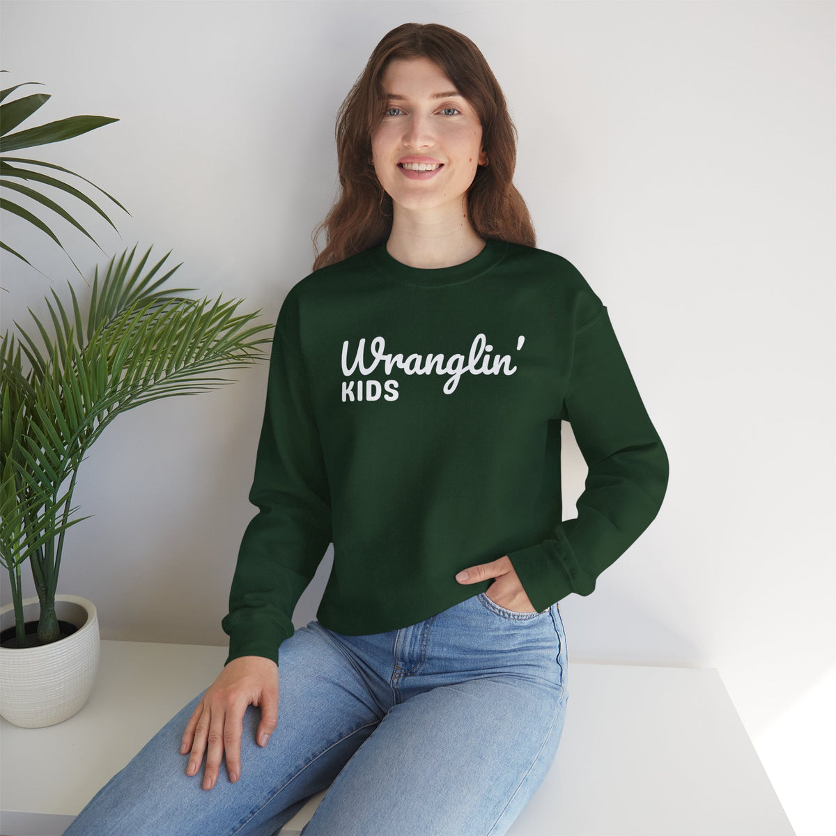 Wranglin' Kids Funny Mom Dad – Gildan Heavy Blend | Trendy Women’s and Men's Soft Sweatshirt. Direct to Garment. Printed & Shipped in the USA. Unisex Sizes.