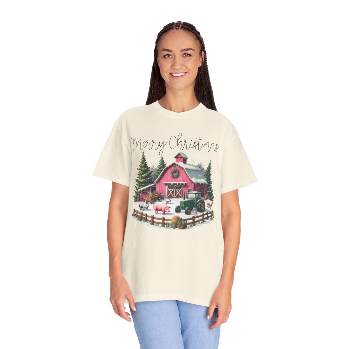 Merry Christmas Pink Barn Farm Animals - Comfort Colors | Trendy Women's T-Shirt. Direct to Garment. Printed & Shipped in the USA. Unisex Sizes.