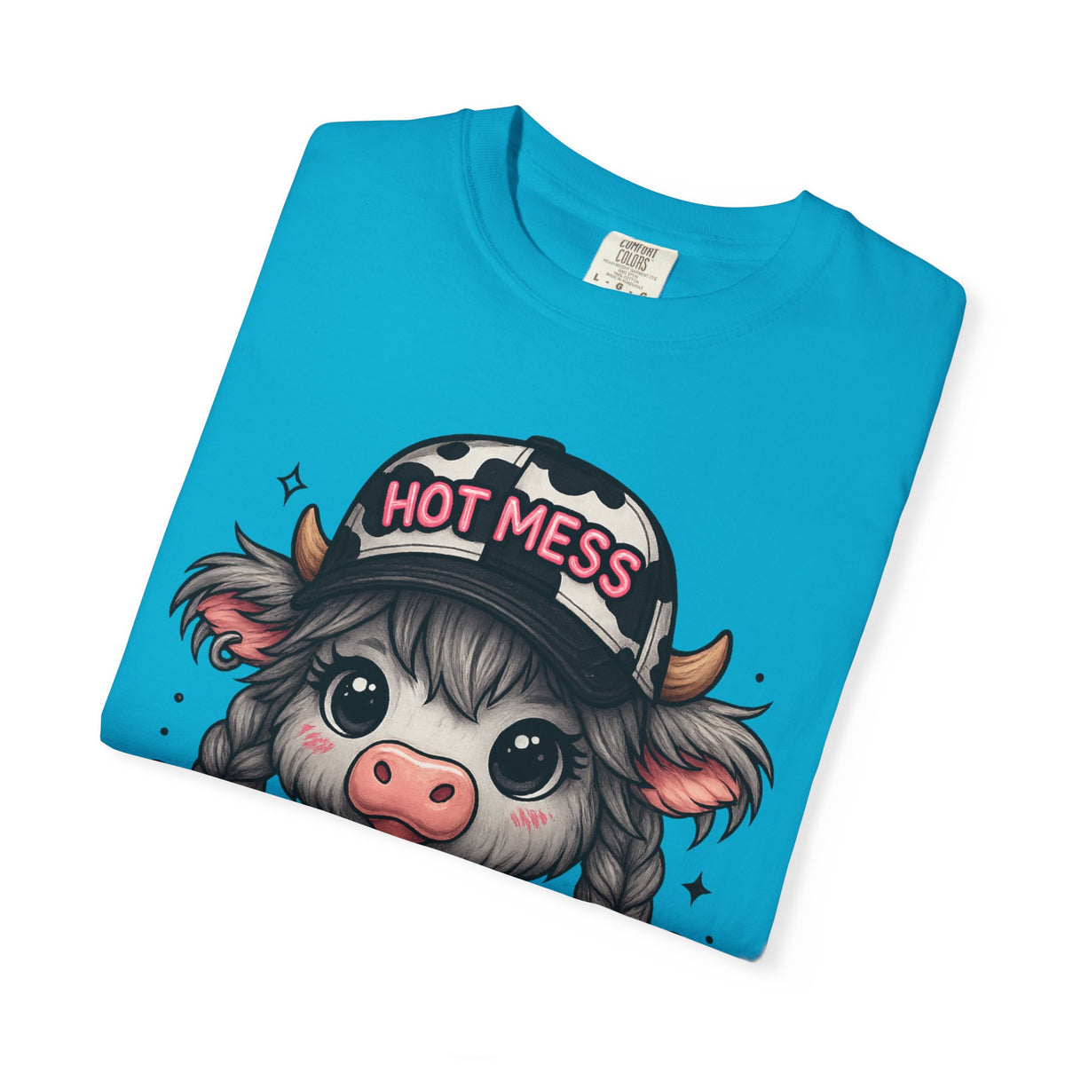 Cute Highland Cow 'Hot Mess' In Braids  - Comfort Colors | Trendy Women's T-Shirt. Direct to Garment. Printed & Shipped in the USA. Unisex Sizes.