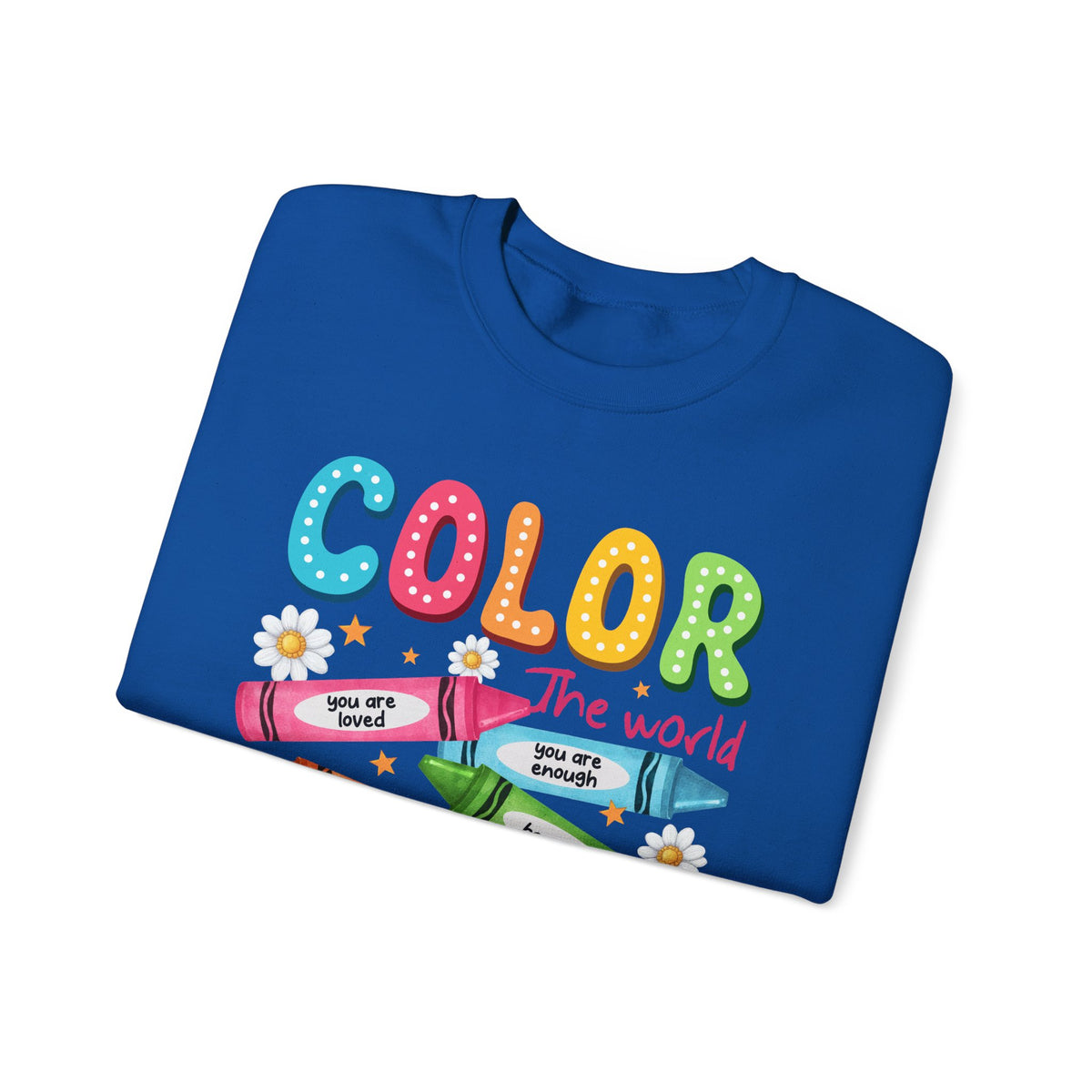 Color the World With Kindness Crayons, Great Teacher Gift – Gildan Heavy Blend | Trendy Women’s and Men's Soft Sweatshirt. Direct to Garment. Printed & Shipped in the USA. Unisex Sizes.