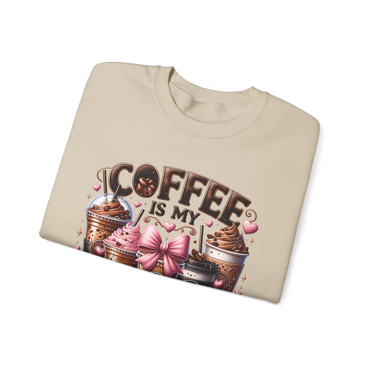 Coffee Is My Soul Food, Iced Coffee, Pink Bow – Gildan Heavy Blend | Trendy Women’s Soft Sweatshirt. Direct to Garment. Printed & Shipped in the USA. Unisex Sizes.