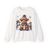 Cute Highland Cow with Snowmen, Winter – Gildan Heavy Blend | Trendy Women’s Soft Sweatshirt. Direct to Garment. Printed & Shipped in the USA. Unisex Sizes.