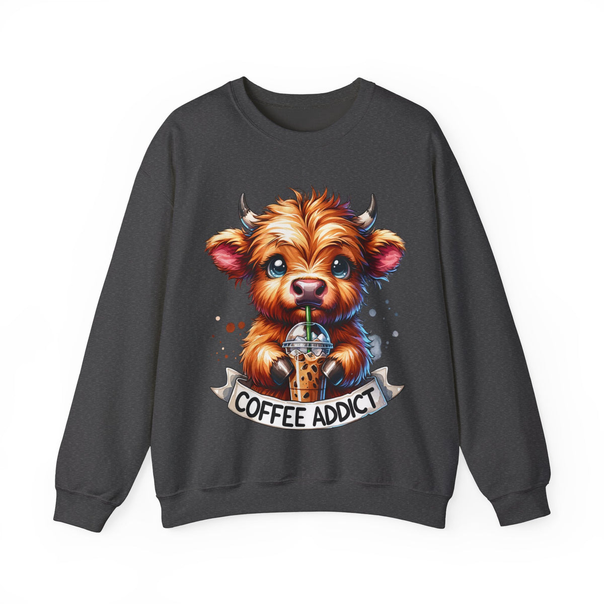 Coffee Addict Highland Cow Drinking Iced Coffee – Gildan Heavy Blend | Trendy Women’s Soft Sweatshirt. Direct to Garment. Printed & Shipped in the USA. Unisex Sizes.