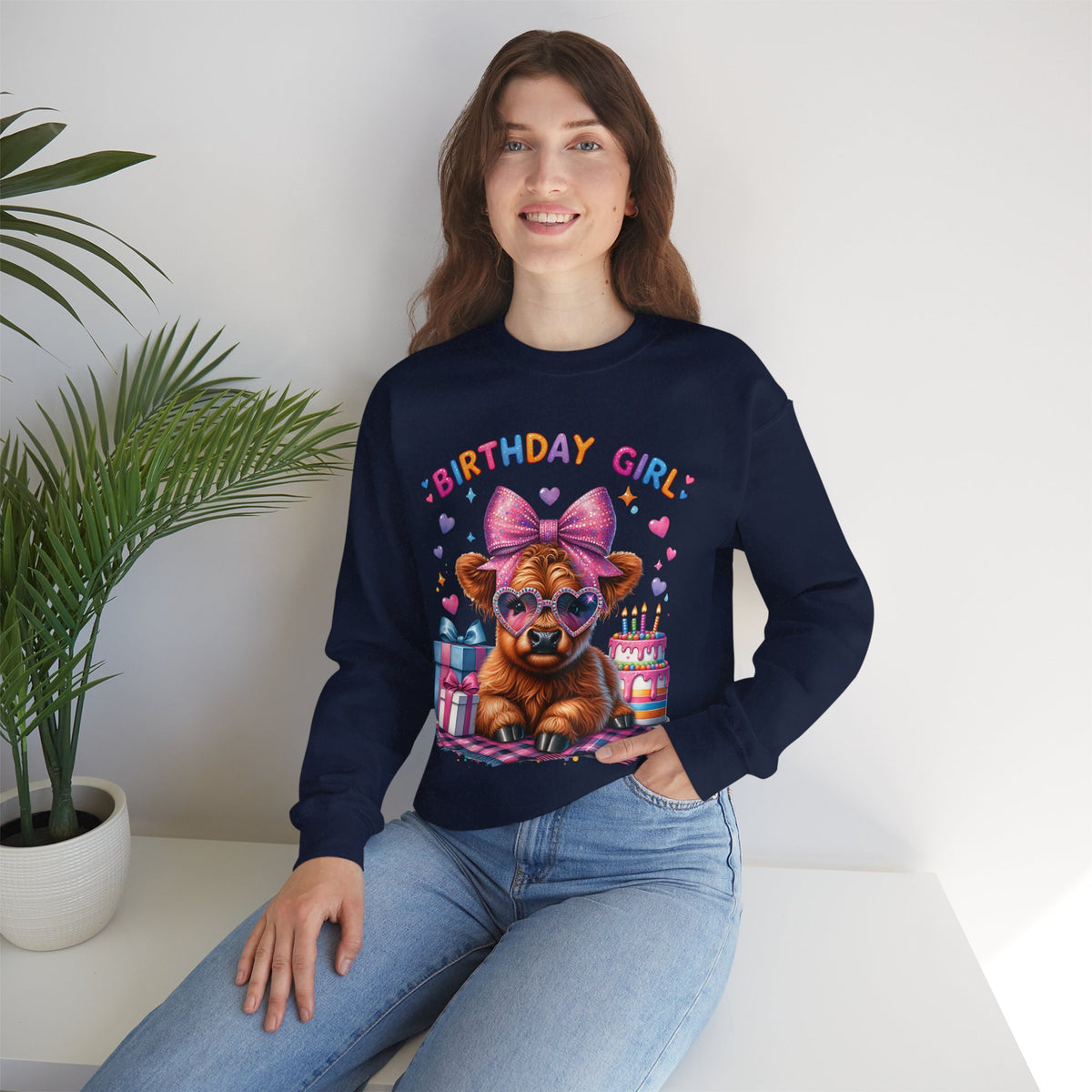 Birthday Girl, Highland Cow – Gildan Heavy Blend | Trendy Women’s Soft Sweatshirt. Direct to Garment. Printed & Shipped in the USA. Unisex Sizes.
