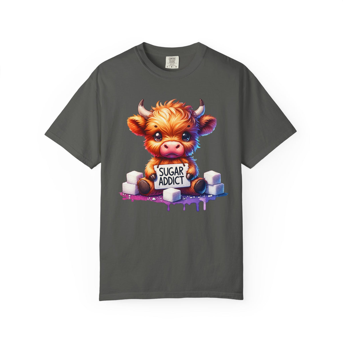 Sugar Addict Highland Cow - Comfort Colors | Trendy Women's T-Shirt. Direct to Garment. Printed & Shipped in the USA. Unisex Sizes.