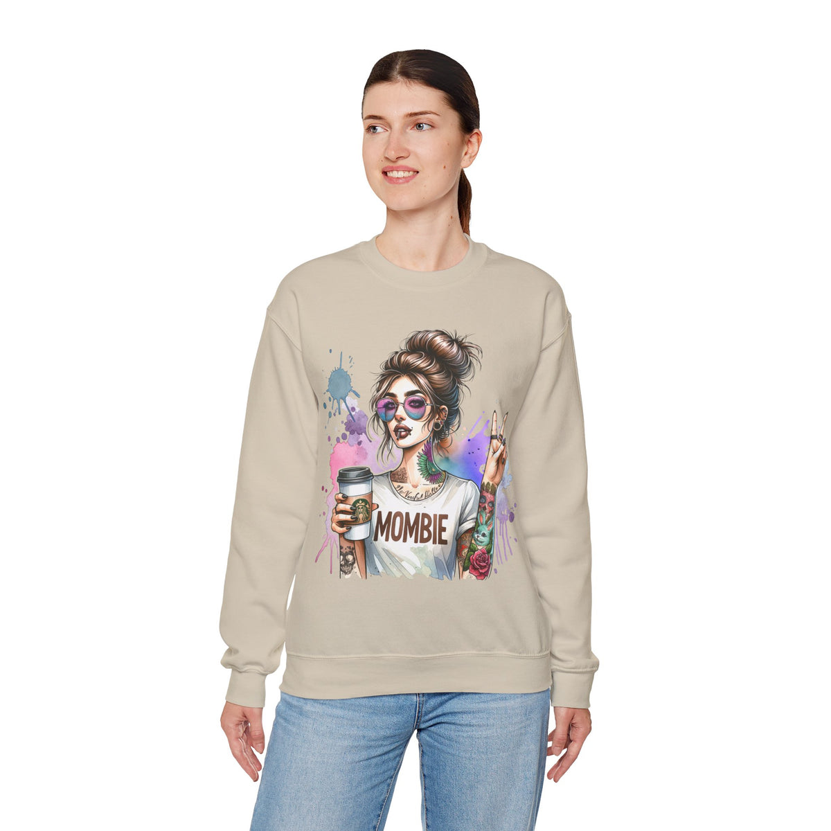 Cool Mombie with Coffee Peace Tattoo - Tired Mom – Gildan Heavy Blend | Trendy Women’s Soft Sweatshirt. Direct to Garment. Printed & Shipped in the USA. Unisex Sizes.