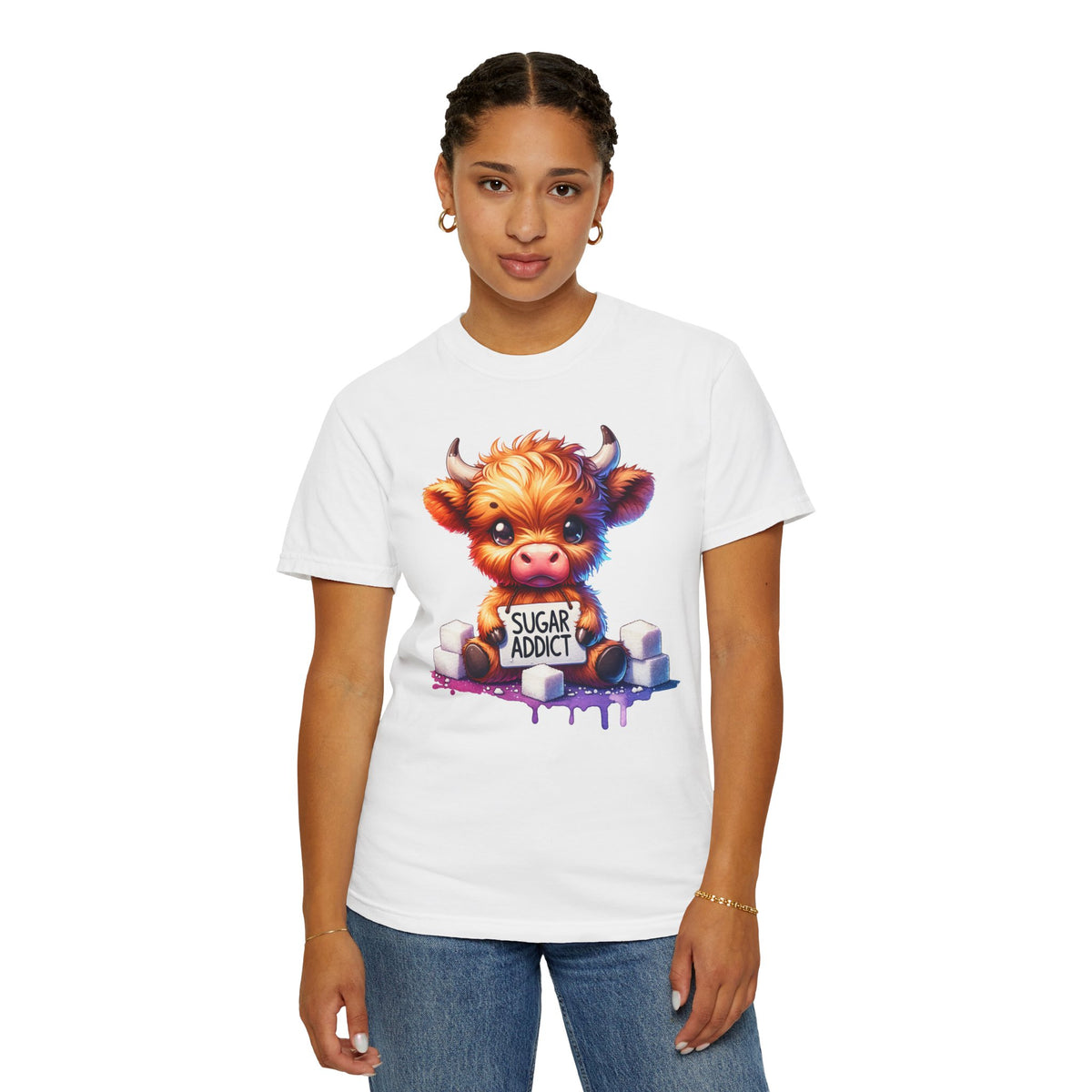 Sugar Addict Highland Cow - Comfort Colors | Trendy Women's T-Shirt. Direct to Garment. Printed & Shipped in the USA. Unisex Sizes.