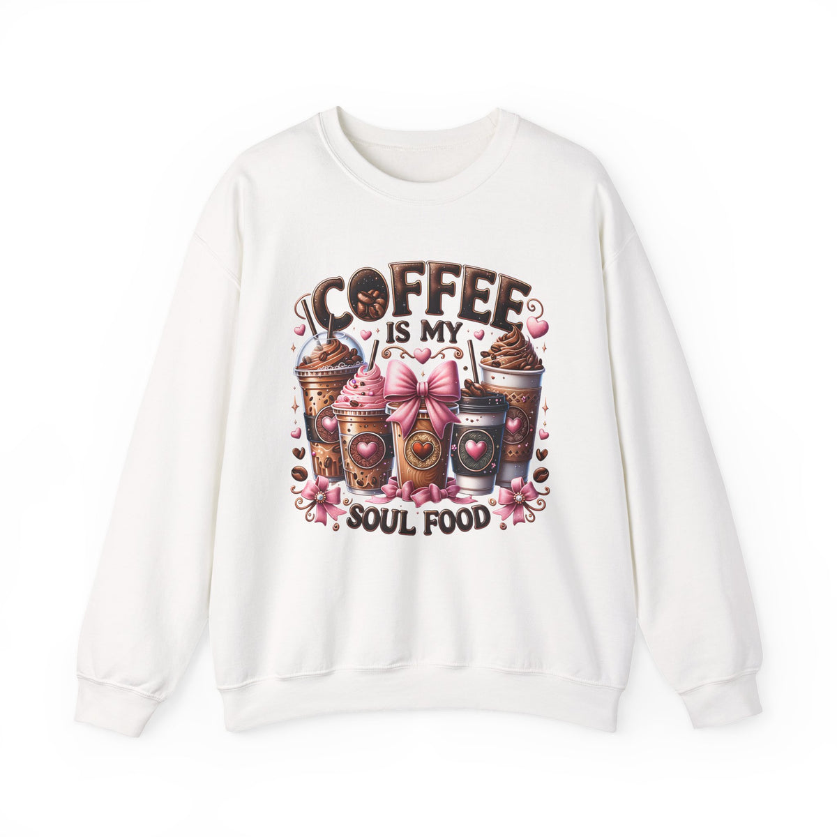 Coffee Is My Soul Food, Iced Coffee, Pink Bow – Gildan Heavy Blend | Trendy Women’s Soft Sweatshirt. Direct to Garment. Printed & Shipped in the USA. Unisex Sizes.