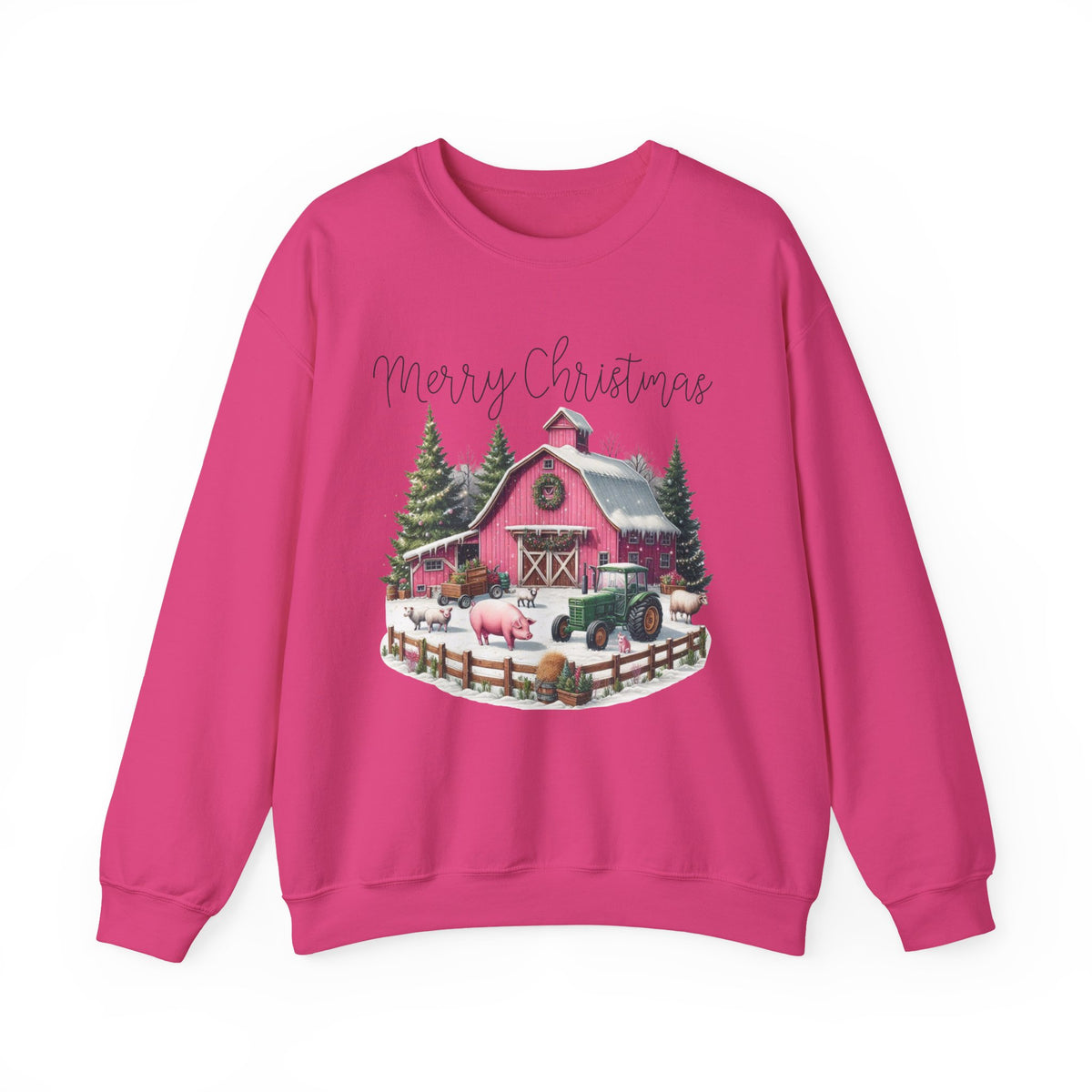 Merry Christmas Pink Barn Farm Animals – Gildan Heavy Blend | Trendy Women’s Soft Sweatshirt. Direct to Garment. Printed & Shipped in the USA. Unisex Sizes.