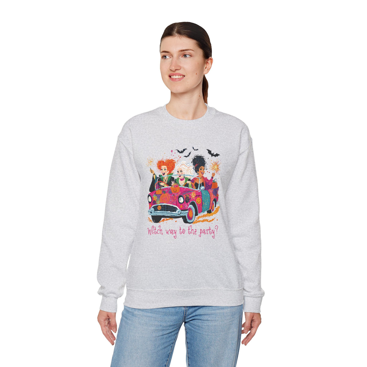Witch Way to the Party? – Gildan Heavy Blend | Trendy Women’s Soft Sweatshirt. Direct to Garment. Printed & Shipped in the USA. Unisex Sizes.