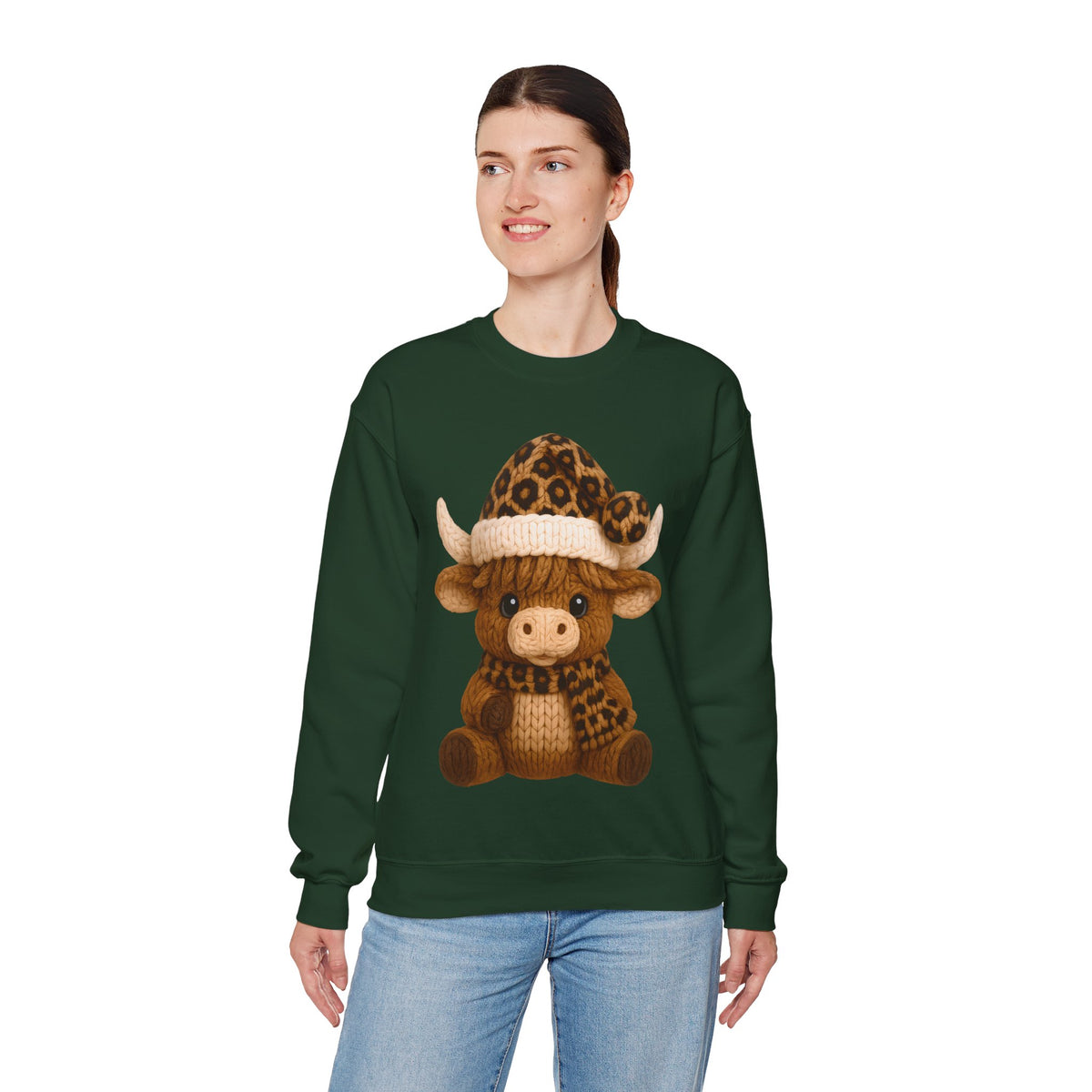 Cute Highland Cow with Leopard Santa Hat Christmas – Gildan Heavy Blend | Trendy Women’s Soft Sweatshirt. Direct to Garment. Printed & Shipped in the USA. Unisex Sizes.