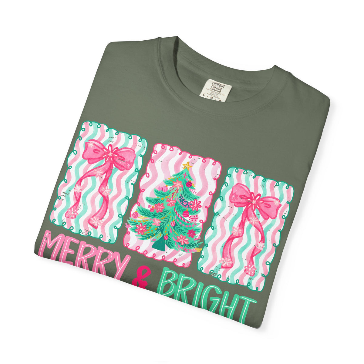Merry & Bright Christmas — Pink & Green Holiday Tree Design - Comfort Colors | Trendy Women's T-Shirt. Direct to Garment. Printed & Shipped in the USA. Unisex Sizes.