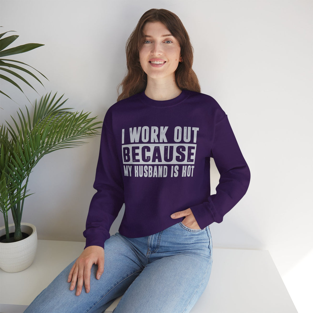 I Work Out Because My Husband Is Hot – Gildan Heavy Blend | Trendy Women’s Soft Sweatshirt. Direct to Garment. Printed & Shipped in the USA. Unisex Sizes.