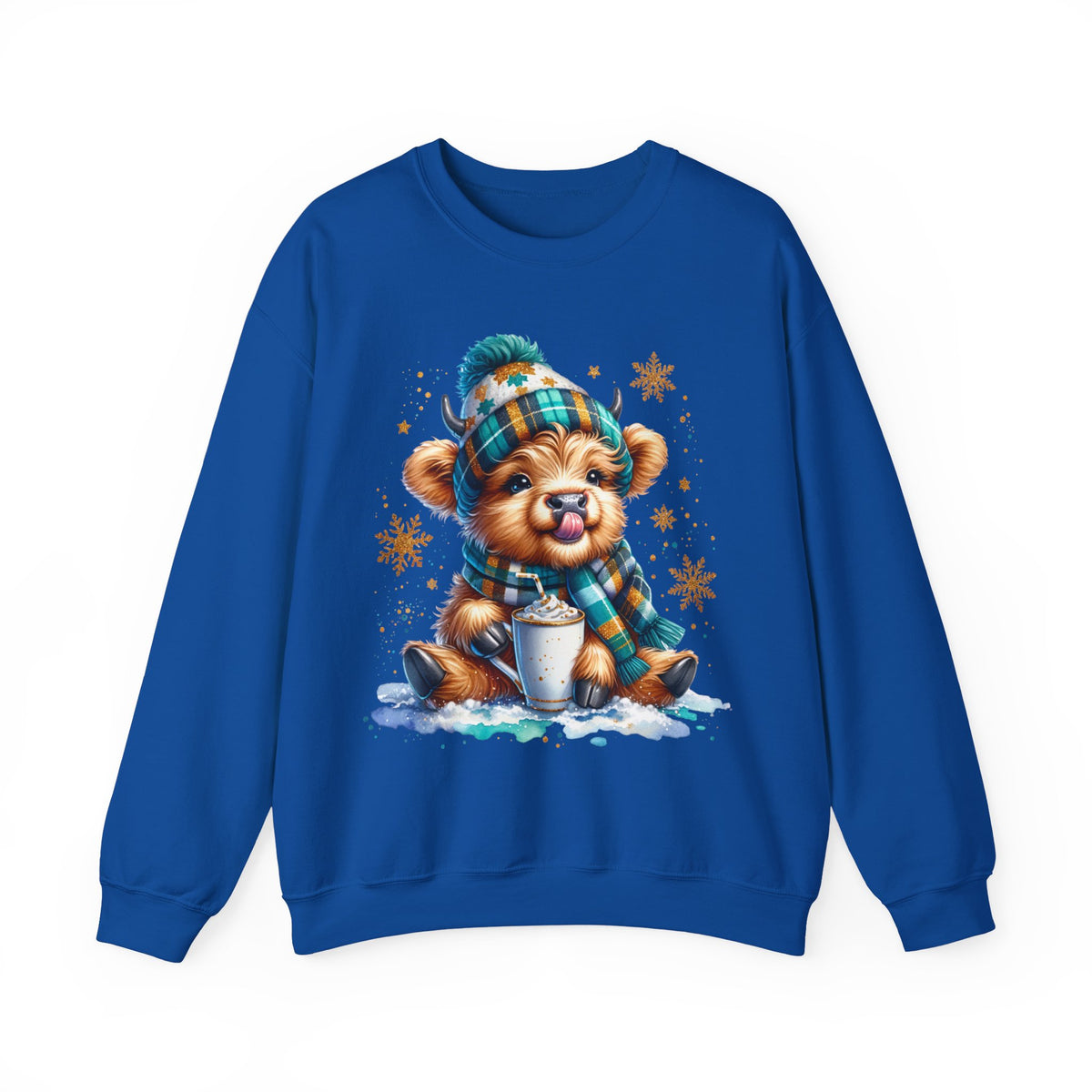 Winter Baby Highland Cow with Cocoa – Gildan Heavy Blend | Trendy Women’s Soft Sweatshirt. Direct to Garment. Printed & Shipped in the USA. Unisex Sizes.