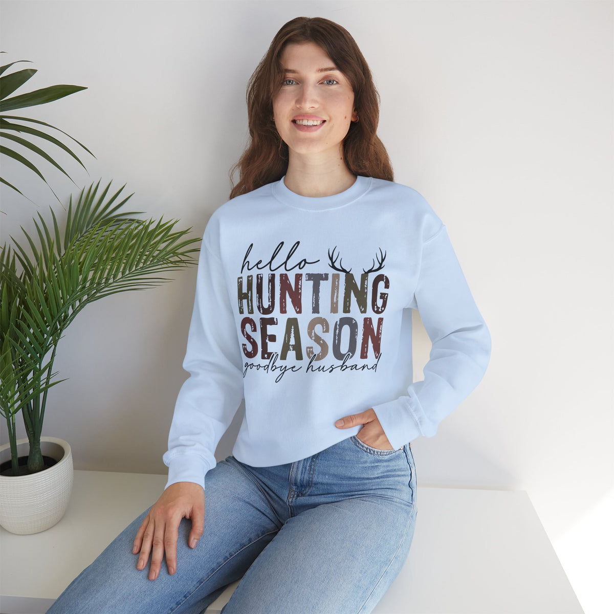 Hello Hunting Season Goodbye Husband Camouflage Wife – Gildan Heavy Blend | Trendy Women’s Soft Sweatshirt. Direct to Garment. Printed & Shipped in the USA. Unisex Sizes.
