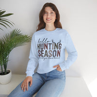 Hello Hunting Season Goodbye Husband Camouflage Wife – Gildan Heavy Blend | Trendy Women’s Soft Sweatshirt. Direct to Garment. Printed & Shipped in the USA. Unisex Sizes.