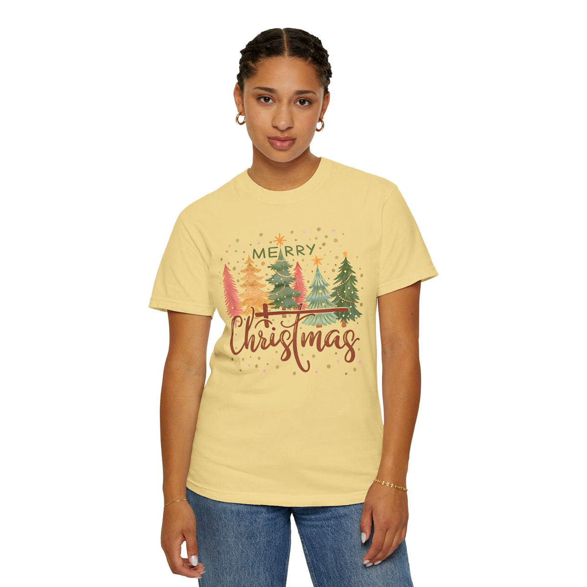 Merry ChrisTmas - Christian Faith - Comfort Colors | Trendy Women's T-Shirt. Direct to Garment. Printed & Shipped in the USA. Unisex Sizes.
