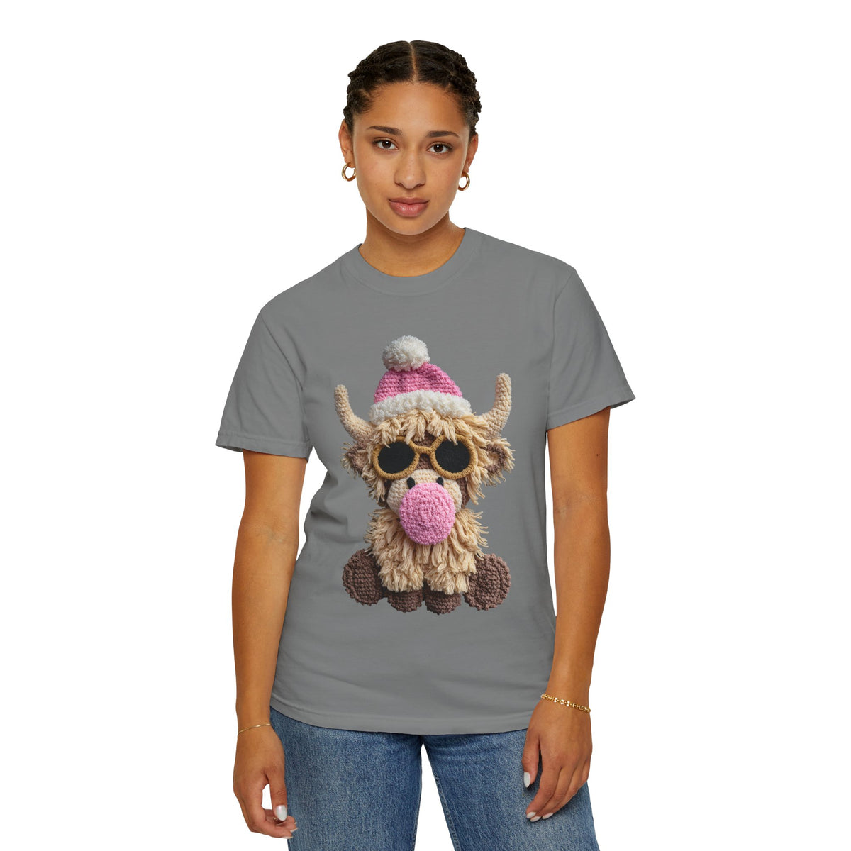 Faux Crochet Highland Cow Bubblegum - Comfort Colors | Trendy Women's T-Shirt. Direct to Garment. Printed & Shipped in the USA. Unisex Sizes.