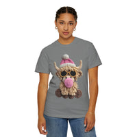 Faux Crochet Highland Cow Bubblegum - Comfort Colors | Trendy Women's T-Shirt. Direct to Garment. Printed & Shipped in the USA. Unisex Sizes.