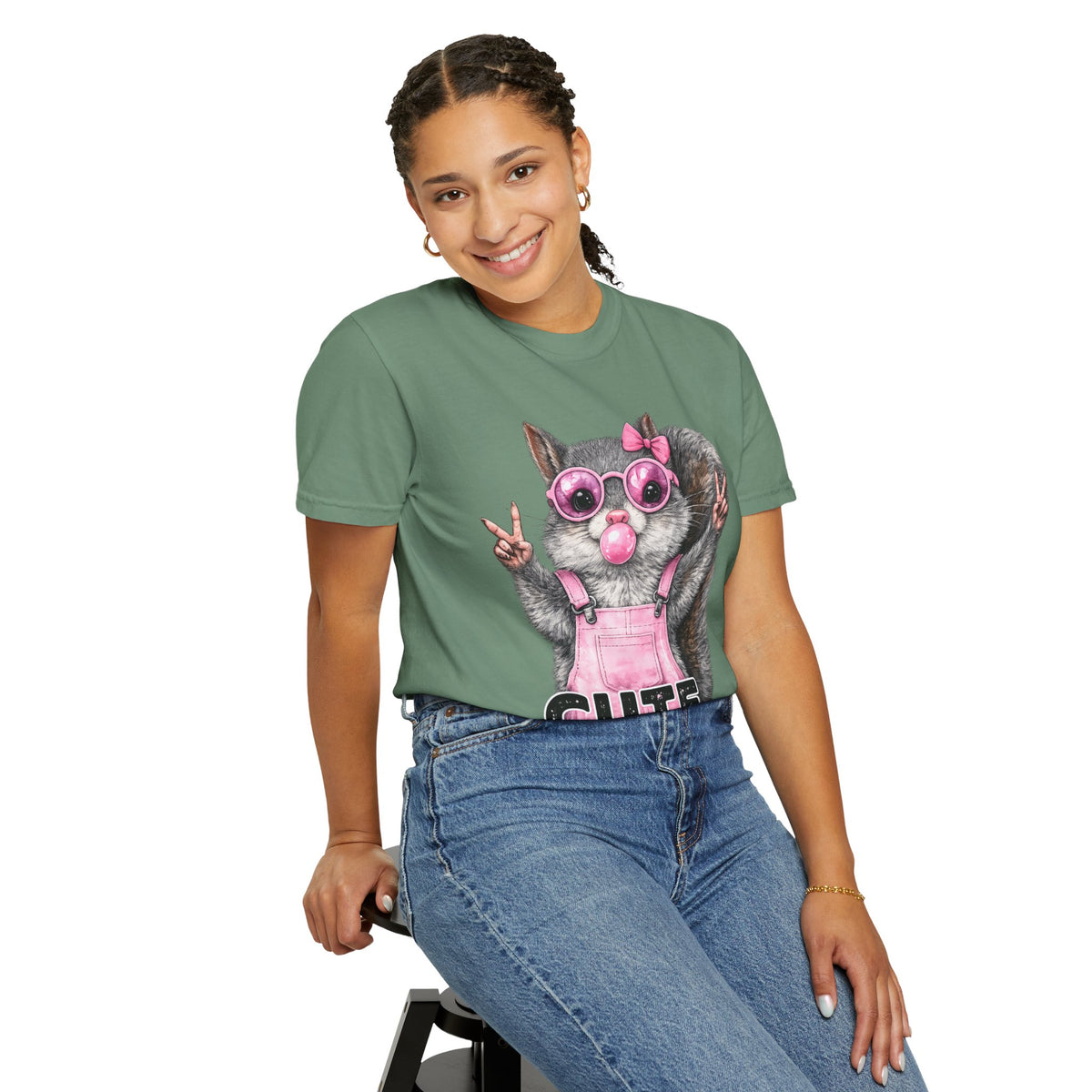 Cute But Feral, Squirrel in Pink Bibs - Comfort Colors | Trendy Women's T-Shirt. Direct to Garment. Printed & Shipped in the USA. Unisex Sizes.