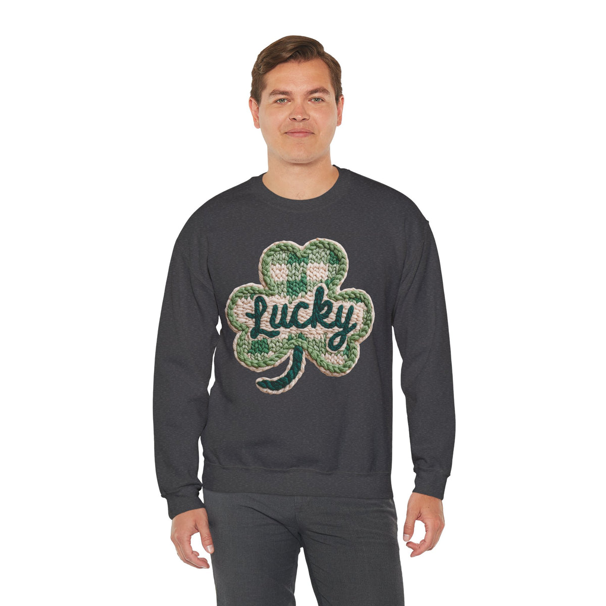 Lucky Shamrock Faux Knit – Gildan Heavy Blend | Trendy Men's and Women’s Soft Sweatshirt. Direct to Garment. Printed & Shipped in the USA. Unisex Sizes.