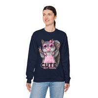 Cute But Feral, Squirrel in Pink Bibs – Gildan Heavy Blend | Trendy Women’s Soft Sweatshirt. Direct to Garment. Printed & Shipped in the USA. Unisex Sizes.