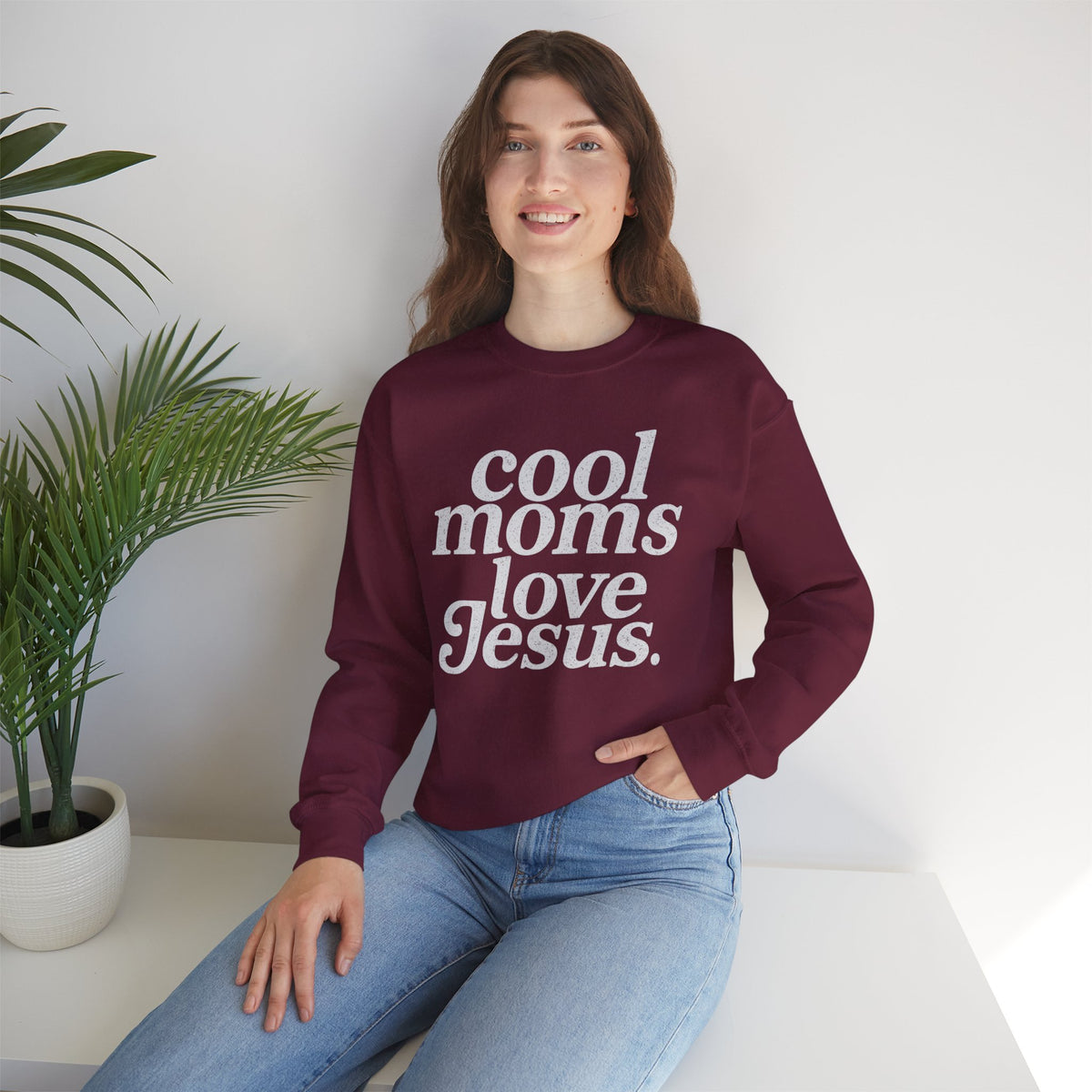 Cool Moms Love Jesus – Gildan Heavy Blend | Trendy Women’s Soft Sweatshirt. Direct to Garment. Printed & Shipped in the USA. Unisex Sizes.