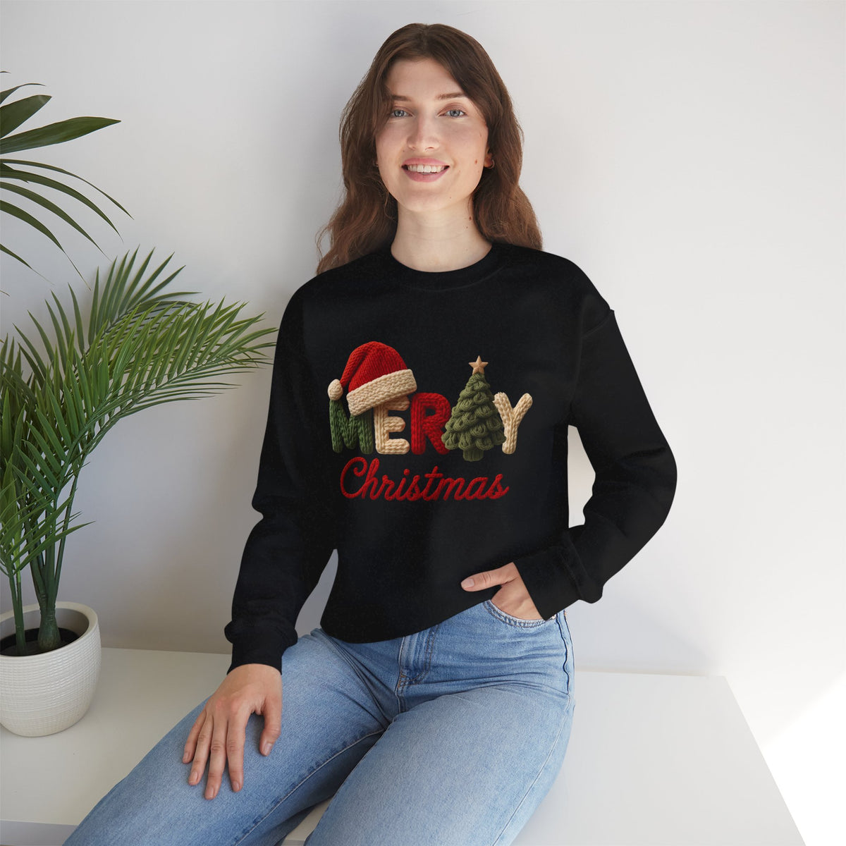 Merry Christmas Faux Yarn w/Santa Hat & Tree – Gildan Heavy Blend | Trendy Women’s Soft Sweatshirt. Direct to Garment. Printed & Shipped in the USA. Unisex Sizes.