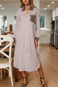 Brown & White Striped and Leopard Print Shirt Dress with Pockets