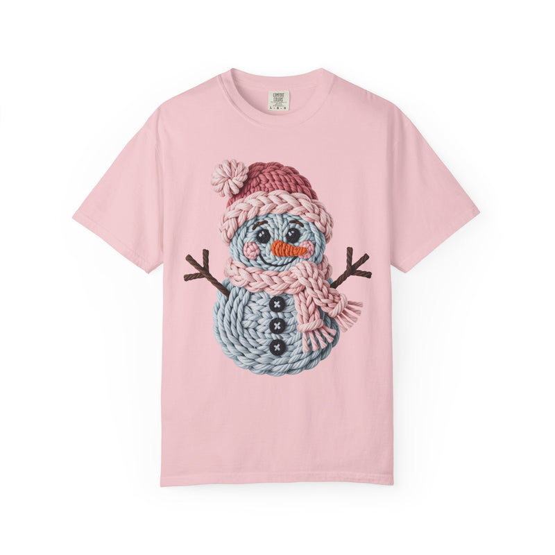 Cute Yarn Snowman - Pink Scarf - Comfort Colors | Trendy Women's T-Shirt. Direct to Garment. Printed & Shipped in the USA. Unisex Sizes.