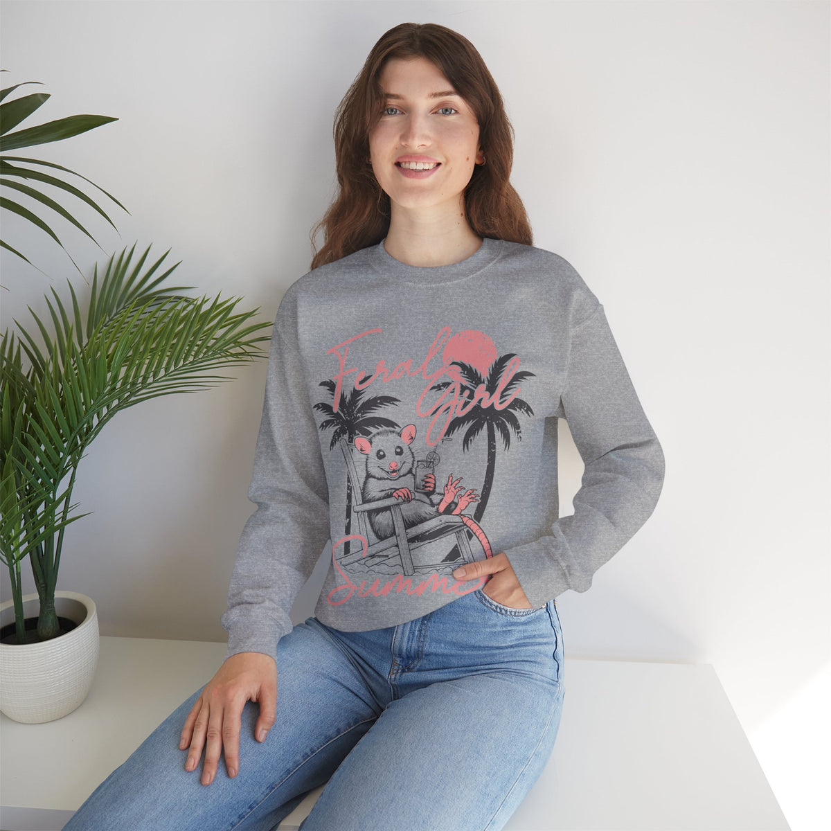 Feral Girl Summer, Possum on a Beach – Gildan Heavy Blend | Trendy Women’s Soft Sweatshirt. Direct to Garment. Printed & Shipped in the USA. Unisex Sizes.