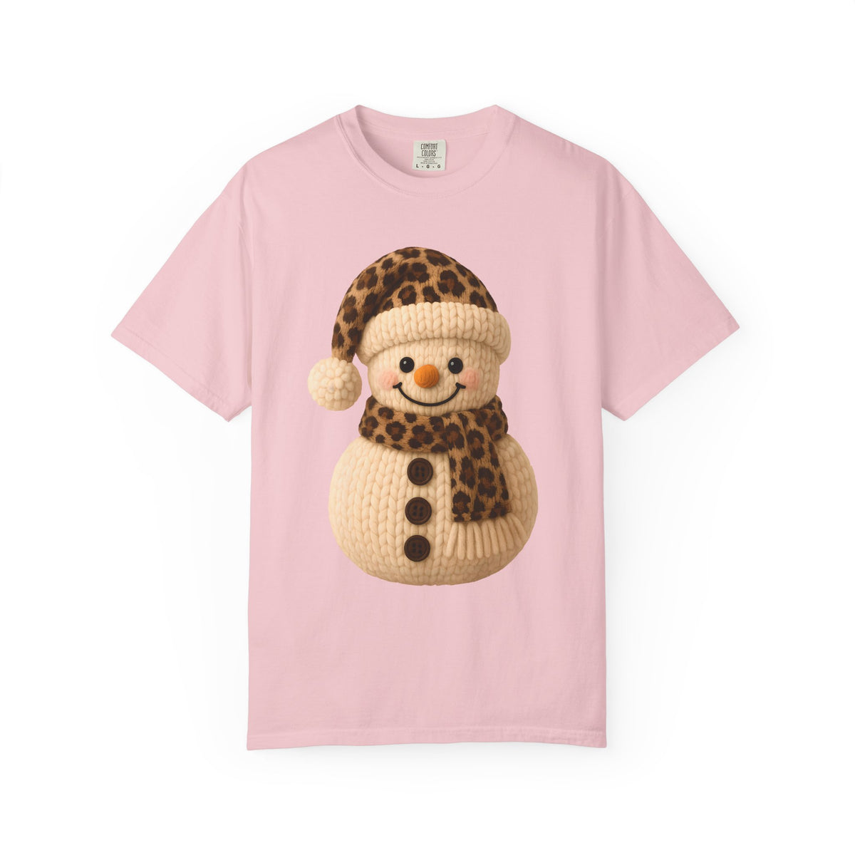 Cute Leopard Faux Knit Snowman Winter - Comfort Colors | Trendy Women's T-Shirt. Direct to Garment. Printed & Shipped in the USA. Unisex Sizes.