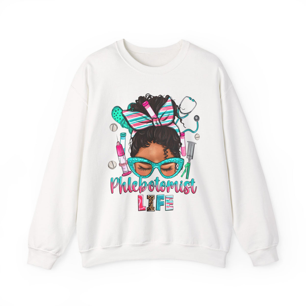 Phlebotomist Life, Messy Bun – Gildan Heavy Blend | Trendy Women’s Soft Sweatshirt. Direct to Garment. Printed & Shipped in the USA. Unisex Sizes.