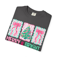 Merry & Bright Christmas — Pink & Green Holiday Tree Design - Comfort Colors | Trendy Women's T-Shirt. Direct to Garment. Printed & Shipped in the USA. Unisex Sizes.