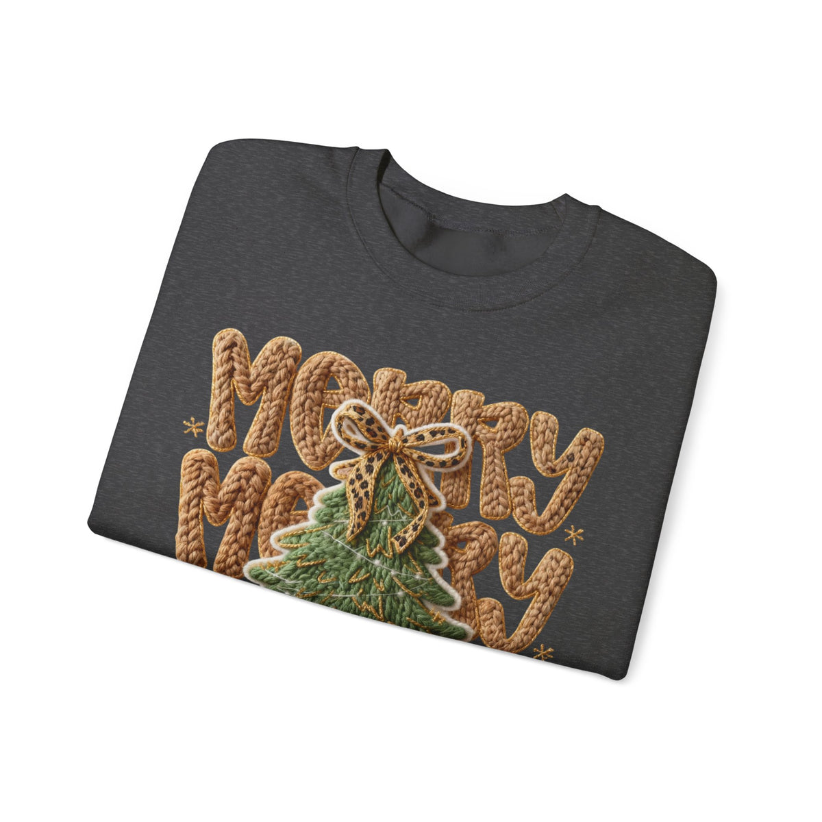 Merry Merry Merry Christmas, Faux Latch Hook Yarn – Gildan Heavy Blend | Trendy Women’s Soft Sweatshirt. Direct to Garment. Printed & Shipped in the USA. Unisex Sizes.