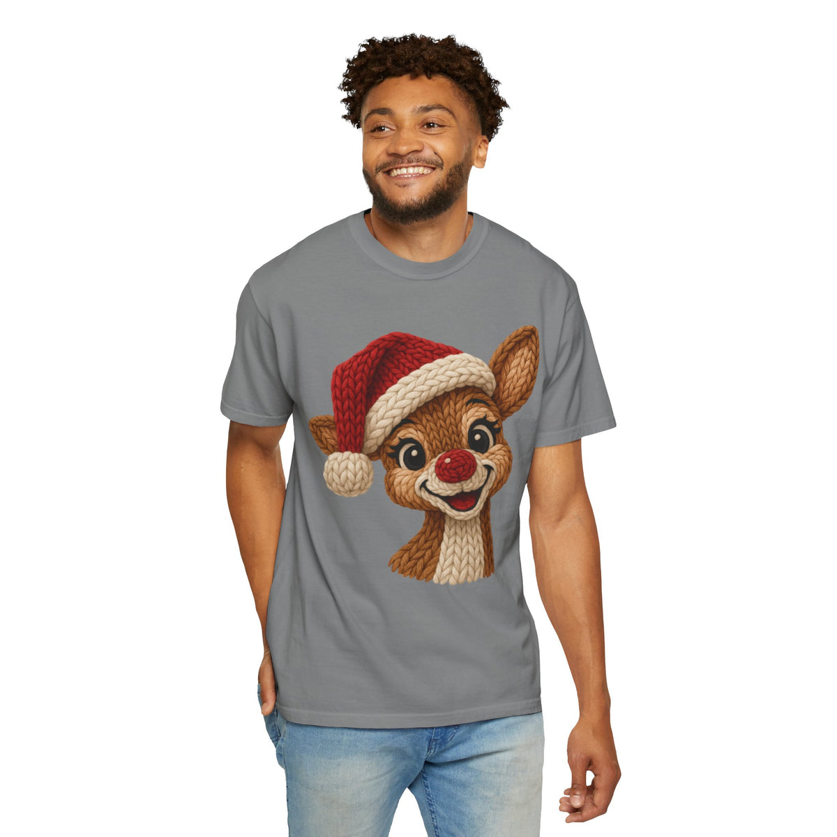 Cute Rudolph Faux Knit Look Reindeer w/Santa Hat - Comfort Colors | Trendy Women's T-Shirt. Direct to Garment. Printed & Shipped in the USA. Unisex Sizes.
