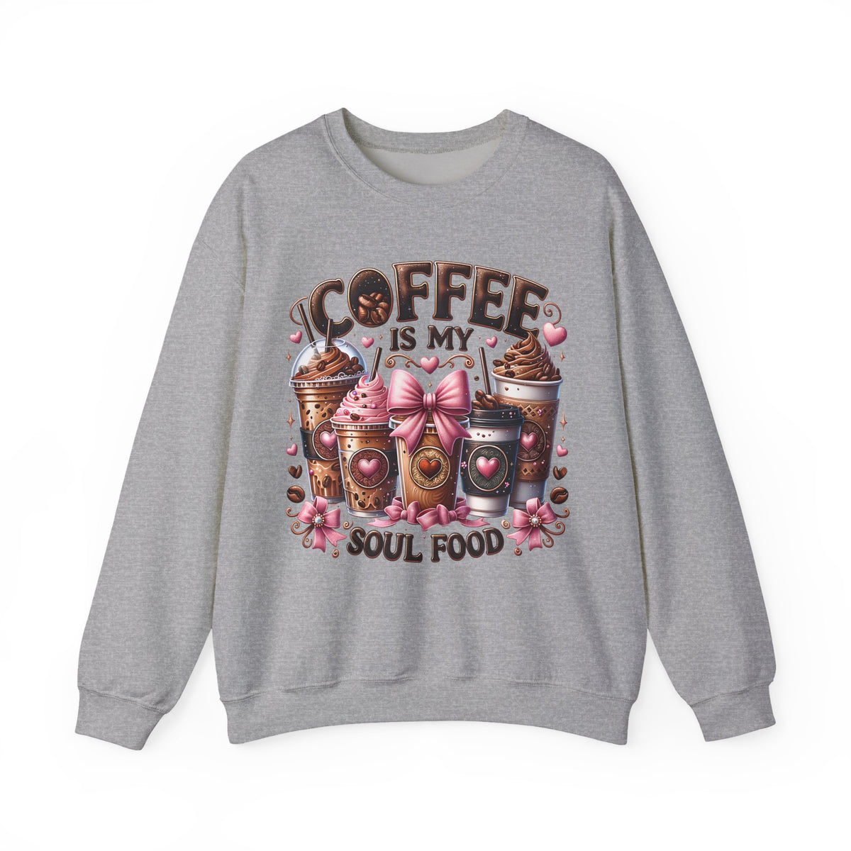 Coffee Is My Soul Food, Iced Coffee, Pink Bow – Gildan Heavy Blend | Trendy Women’s Soft Sweatshirt. Direct to Garment. Printed & Shipped in the USA. Unisex Sizes.