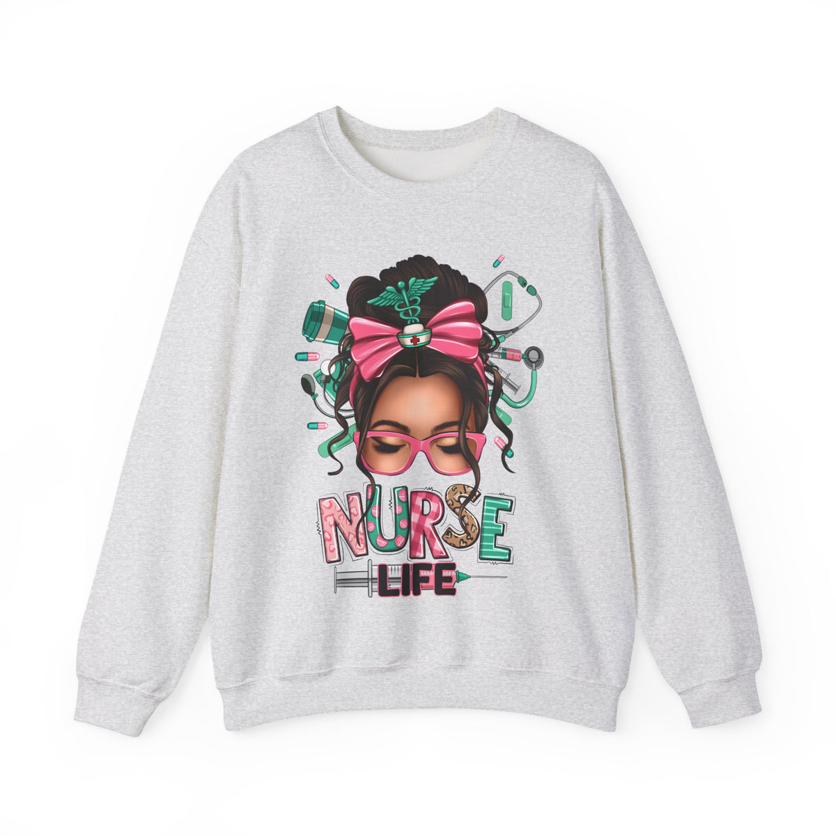 Nurse Life Messy Bun, Cute Stethoscope & Syringe – Gildan Heavy Blend | Trendy Women’s Soft Sweatshirt. Direct to Garment. Printed & Shipped in the USA. Unisex Sizes.