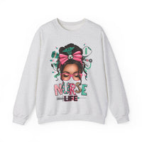 Nurse Life Messy Bun, Cute Stethoscope & Syringe – Gildan Heavy Blend | Trendy Women’s Soft Sweatshirt. Direct to Garment. Printed & Shipped in the USA. Unisex Sizes.