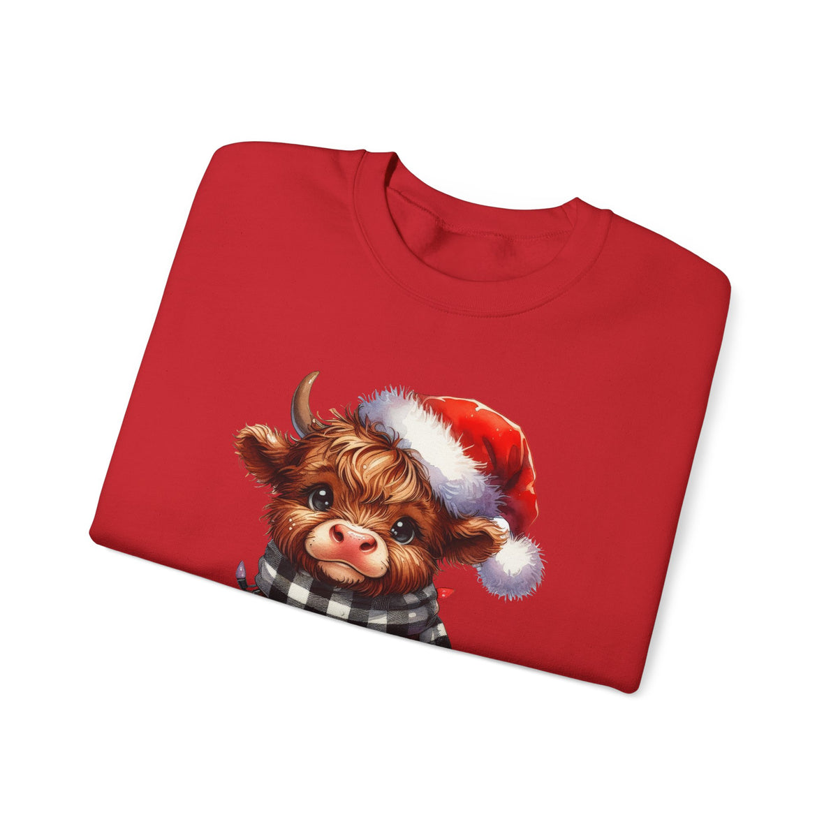 Cute Highland Cow Santa Hat Scarf Christmas Lights – Gildan Heavy Blend | Trendy Women’s Soft Sweatshirt. Direct to Garment. Printed & Shipped in the USA. Unisex Sizes.